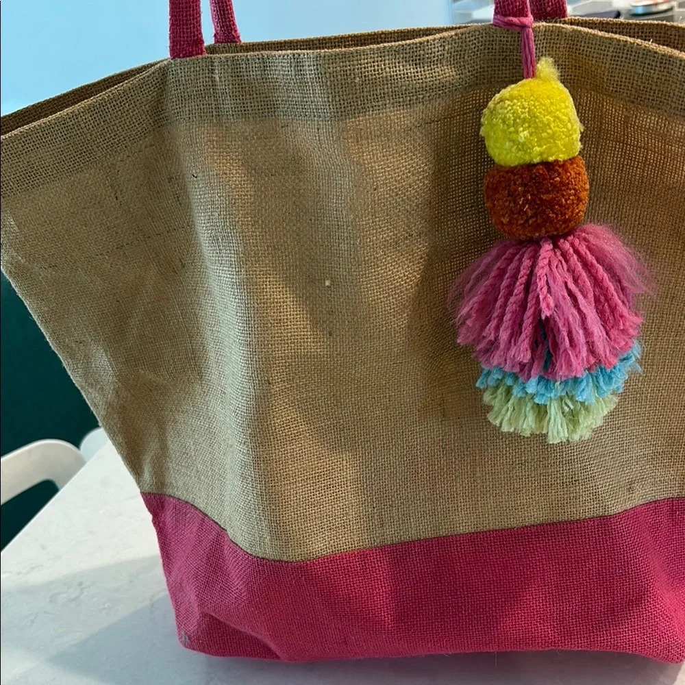 Pink and Tan Tote Bag with Tassel - Picture 3 of 6